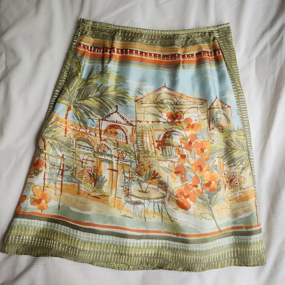 Sigrid Olsen 100% Silk Skirt Artsy Outdoor Cafe Print Sz 4 Nwot. SKIRT ONLY